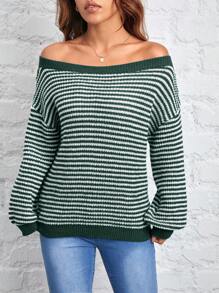 SHEIN PETITE Warm Striped Pattern Off-Shoulder Sweater For Going Out In Autumn And Winter - Green - View 6