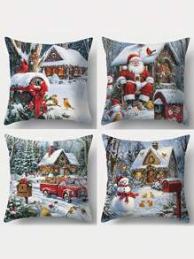 Set von 4 Weihnachten Kissenbezügen mit Weihnachtsmann, Schneemann und rotem Lastwagen - zeitgenössische Reißverschluss-Dekorationshüllen für Sofa und Outdoor, festliche Urlaubsszenen, robuster gewebter Polyester, nur von Hand waschbar - 45 x 45 cm