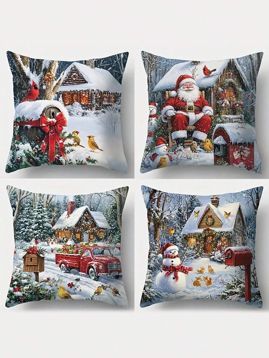 Set von 4 Weihnachten Kissenbezügen mit Weihnachtsmann, Schneemann und rotem Lastwagen - zeitgenössische Reißverschluss-Dekorationshüllen für Sofa und Outdoor, festliche Urlaubsszenen, robuster gewebter Polyester, nur von Hand waschbar - 45 x 45 cm