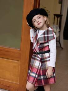 SHEIN 圣诞女孩 2 件套：长袖针织纹理修身连衣裙和无袖格子腰带背心，适合年轻女孩、休闲通勤、秋冬季 - 紅色 - 查看 3