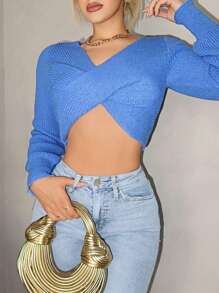 Zolique Women's Sweater, Women's Cropped Top, Knitted Blue Long Sleeved V-Neck, Twisted Chest, Sexy Slim Fitting Party, Autumn And Winter Seasonal Women's Clothing  Fall Outfit - Blue - View 3