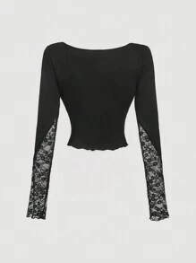 SHEIN MOD Square Neck Lace Trim Long Sleeve Patchwork Black T-Shirt,Elegant Goth Crop Top,Fitted Autumn Night Out Long Sleeve Top - Black - View 2