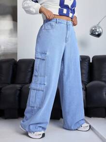 SHEIN ICON Plus Size Blue Zipper Front Pocket Workwear Denim Jeans - Light Wash - View 3