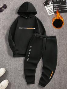 Manfinity Homme 男式 2 件套字母印花休闲连帽衫和裤子运动服 - 黑色 - 查看 1