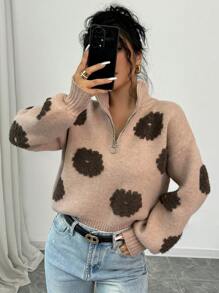 Chiquease Top de chandail tricoté à encolure montante zippé, imprimé floral jacquard, décontracté pour les vacances pour femmes