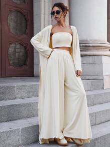 SHEIN Essnce Bộ đồ nữ thu đông 2024 Quần ống rộng thường ngày + Áo ngực đệm ống + Áo len cardigan dài tay xẻ tà dài thêm cho nữ Bộ ba món, Đồ mặc nhà rộng rãi và thường ngày, Bộ ba món dài thoải mái và thân thiện với da - Màu be - Xem 1