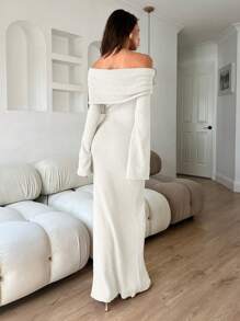 Aloruh 女式露肩高领超长毛衣连衣裙，秋冬 - 白色 - 查看 2