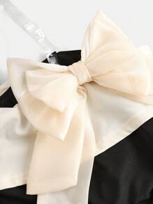 Girlism Teen Girls Plain Colorblock Off-Shoulder Bodycon Long Sleeve Top With Oversized Bow, Elegant & Charming For Party Outings - Black - View 5