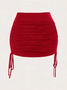SHEIN EZwear Plus Size Women's Solid Color Drawstring Ruched Mini Skirt - Red - View 2