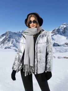 SHEIN EZwear Silver Women's Loose Fit Long Sleeve Zip-Up Stand Collar Padded Coat