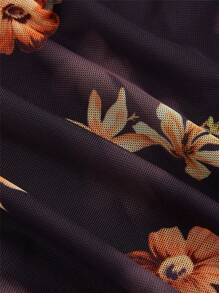 SHEIN MOD 大码复古假日休闲黑色背景黄色花朵垂坠领口修身美人鱼连衣裙，适合夏季