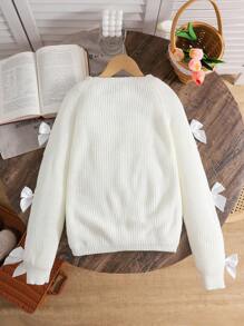 SHEIN 1 件 Tween 女童休闲圆领长袖镂空蝴蝶结毛衣，秋冬 - 白色 - 查看 2
