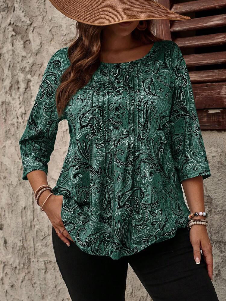 Plus Size Paisley Print Loose Fit Round Neck 3/4 Sleeve T-Shirt For Casual Daily Wear, Autumn