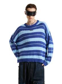 NEON BLANC Men's Blue Stripe Colorful Urban Crew Neck Long Sleeve Sweater, For Fall Winter - Baby Blue - View 2