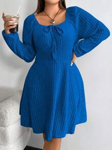 Vionelle Váy len dệt kim tay đèn lồng màu trơn đơn giản cỡ lớn, thường ngày cho mùa thu - Màu xanh lam - Xem 1