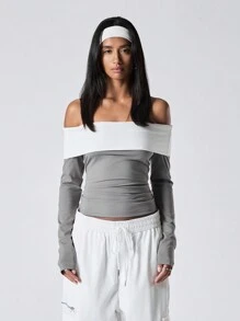 LYSMO T-shirt femme épaules dénudées de couleur contrastée - Gris - Voir 3