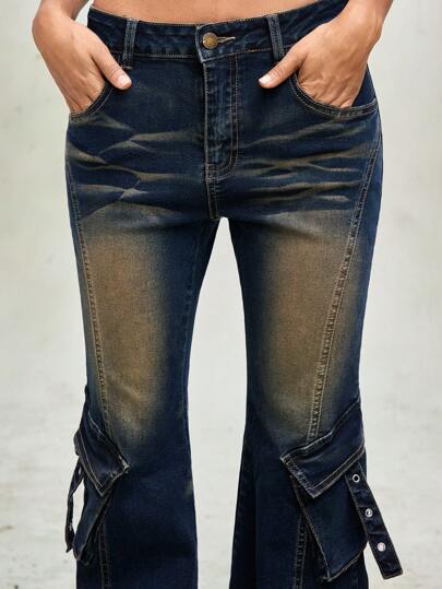 Y2K Low Waist Distressed Patchwork Fluffy Hem Slim Flare Jeans