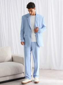 Manfinity VCAY 2pcs Men Loose Fit Casual Collar Jacket And Pants Set, Suitable For Autumn - Baby Blue - View 2