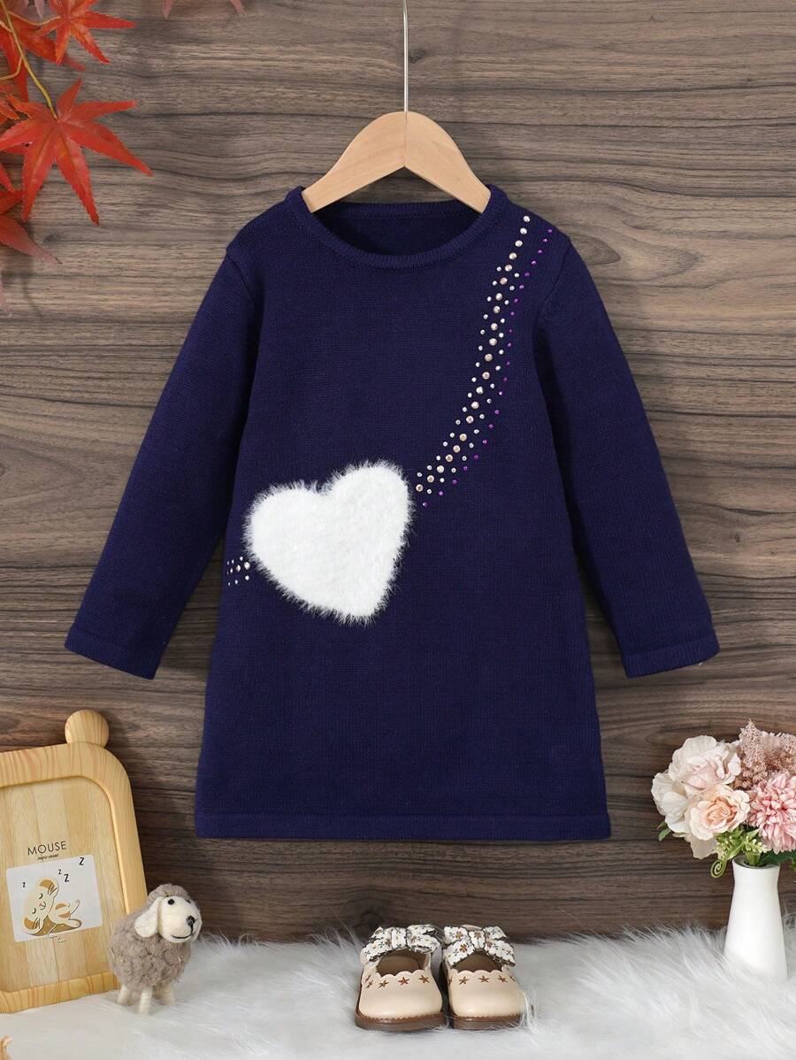 SHEIN Young Girls Casual Heart-Shaped Faux Bag Design Long Sleeve Crew Neck A-Line Knitted Sweater Dress, Soft & Comfortable, Suitable For Everyday, Outing, Travel, Vacation, Home, Nursery, Playing, And School Wear - Royal Blue - View 1