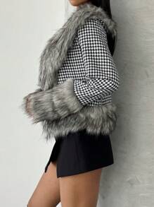 SHEIN Privé 1 pièce Veste femme en patchwork de pied-de-poule moelleuse, pour l'automne et l'hiver