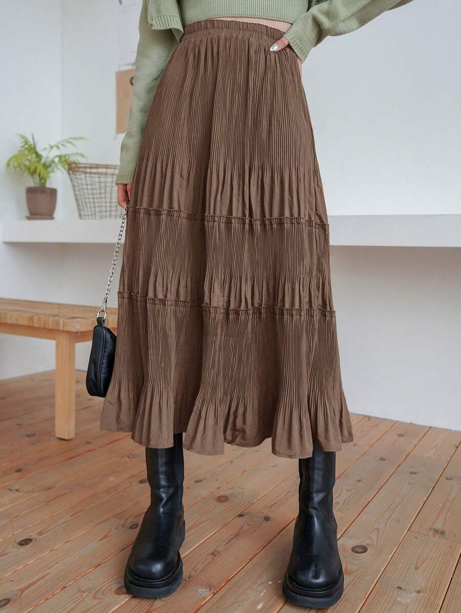 DAZY 女士纯色百褶裙，荷叶边秋季款 - 咖啡棕 - 查看 1