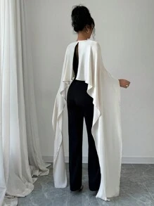 Rafferiza Elegant Fashion 2 In 1 Cape Jumpsuit, Rib Knit Patchwork, Round Neck With Back Slit, Apricot & Black Colorblock, Suitable For Autumn/Winter - Multicolor - View 6