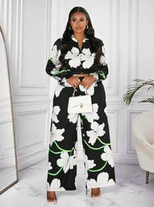 Slaydiva Premium High-End Plus Size Women 2pcs Set, Floral Print Blouse & Palazzo Pants - Multicolor - View 10