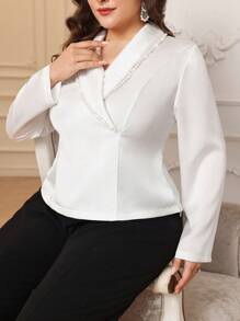 Modelyn 大码优雅休闲纯色仿珍珠串珠衬衫，秋季 - 白色 - 查看 6