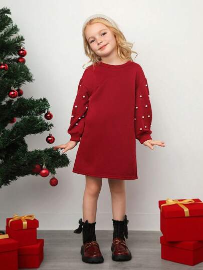 SHEIN Kleine Mädchen Lässig Sweatshirtkleid mit Rundhalsausschnitt und weichen Perlenverzierungen, langärmelig, ideal für Freizeit  und den Alltag sowie für die Schule im Herbst und Winter, zu Weihnachten, Drop-Shoulder