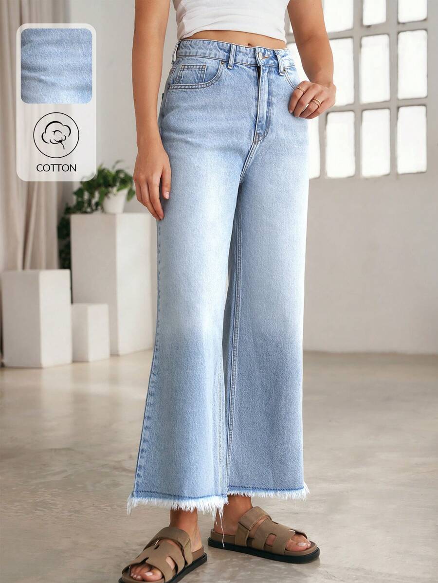 RueChic RAW HEM WIDE LEG MID WAIST JEANS - Medium Wash - View 1
