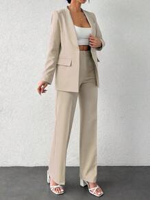 EURMUSE Ladies' Solid Color Stand Collar Blazer And Pants Suit - Beige - View 4