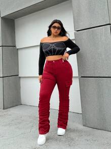 SHEIN ICON 红色大码修身弹力喇叭牛仔裤，圣诞红Y2K风格 - 酒紅色 - 查看 5