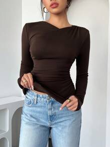 Chiquease Coffee Basic Pleated Slim Fit Thermal Lined Long Sleeve Women T-Shirt - Coffee Brown - View 1