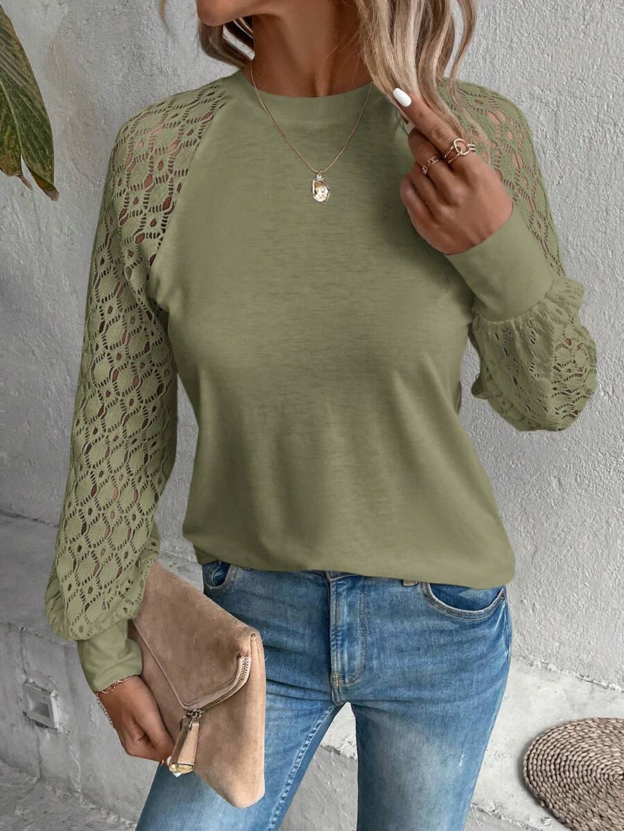 SHEIN Clasi 女式纯色圆领蕾丝拼接插肩长袖休闲衬衫，秋季