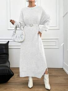 EURMUSE Damen einfarbiges Lässig Lange Pullover Kleid mit rundem Kragen und Langarm