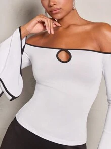 Glamine 黑白对比镂空长袖 T 恤，露肩设计，适合女性办公室穿着，秋季