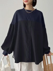 FRIFUL Áo thun nữ vải chắp vá rộng rãi viền cong màu tương phản - Màu xanh hải quân - Xem 3