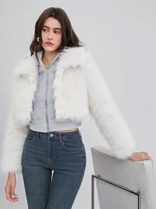 SHEIN EZwear Solid Hook And Eye Placket Fuzzy Coat - White - View 1