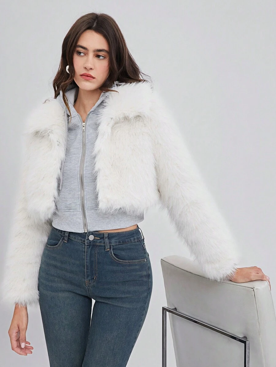 SHEIN EZwear Solid Hook And Eye Placket Fuzzy Coat - White - View 1