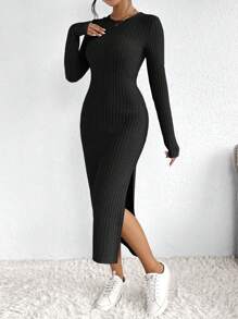 SHEIN Frenchy Váy bó sát vải dệt kim xẻ đùi có họa tiết - màu đen - Xem 3