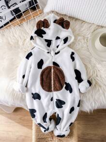 SHEIN Bộ đồ liền thân dày ấm áp cho bé trai/bé gái sơ sinh, vải in hình con bò dễ thương, thiết kế tai 3D, dài tay và quần, thích hợp cho mùa thu/đông, trong nhà và ngoài trời, tiệc mừng em bé chào đời - trắng - Xem 1