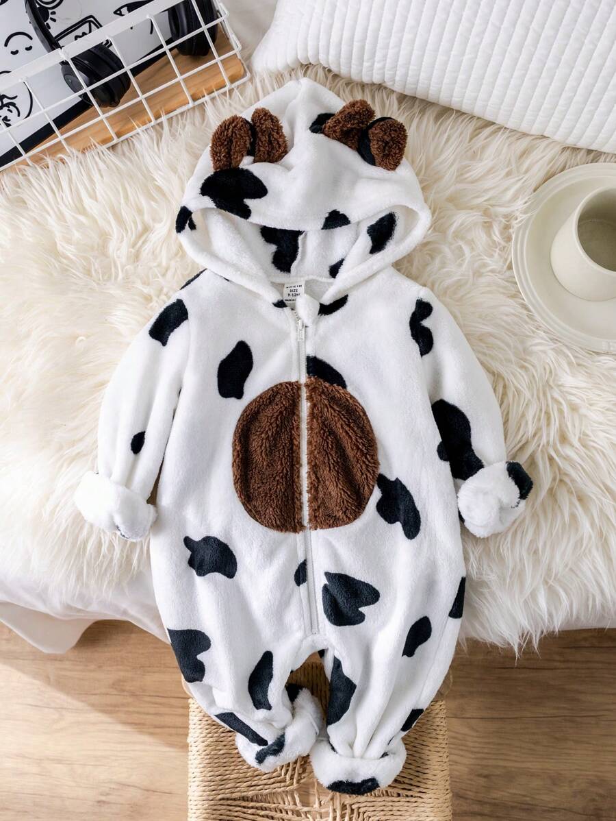 SHEIN Bộ đồ liền thân dày ấm áp cho bé trai/bé gái sơ sinh, vải in hình con bò dễ thương, thiết kế tai 3D, dài tay và quần, thích hợp cho mùa thu/đông, trong nhà và ngoài trời, tiệc mừng em bé chào đời - trắng - Xem 1