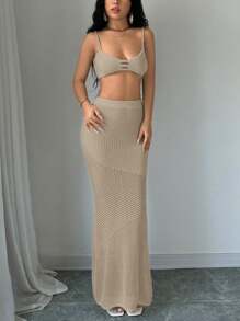 SHEIN Unity Bộ 2 áo len khoét lỗ màu trơn dây mảnh đơn giản, giản dị, đa năng cho nữ và chân váy chữ A - Màu Khaki - Xem 5