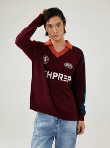 Manfinity Campus Court Aesthetic Post--Men's Casual Color Block Letter Pattern V-Neck Loose Knit Sweater, Suitable For Autumn/Winter - Burgundy - View 3