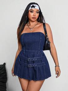 SHEIN ICON 大码女式时尚夏季纽扣细节抹胸褶皱牛仔连衣裙，百搭 - 藍色 - 查看 5