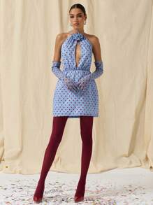 COSMINA Dames Vintage Stijl Polka Dot 3D Bloemen Decor Halter Hals Mini Jurk