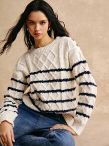 Poéselle 女士条纹印花圆领长袖套头衫，2024 秋冬，冬装，蓬松，优雅女士，商务女士服装 - 黑與白 - 查看 3