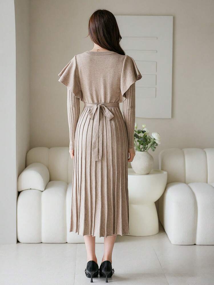 Women Solid Color Ruffle Pleated Sweater Dress,Fall Clothes