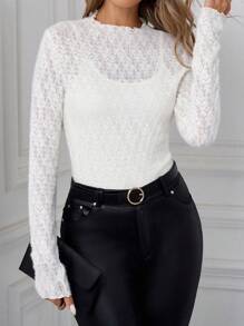SHEIN Clasi Women's Ruffle Trim Long Sleeve Fitted Fashionable Blouse, Autumn Lace Long Sleeve 
Brushed Lace White Women T-Shirt Classy Outfits Winter Women Outfits  Fall Women Outfits