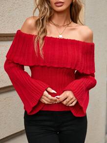Women's Solid Color Off Shoulder Flared Sleeve Casual Sweater, Autumn/Winter - Red - View 5